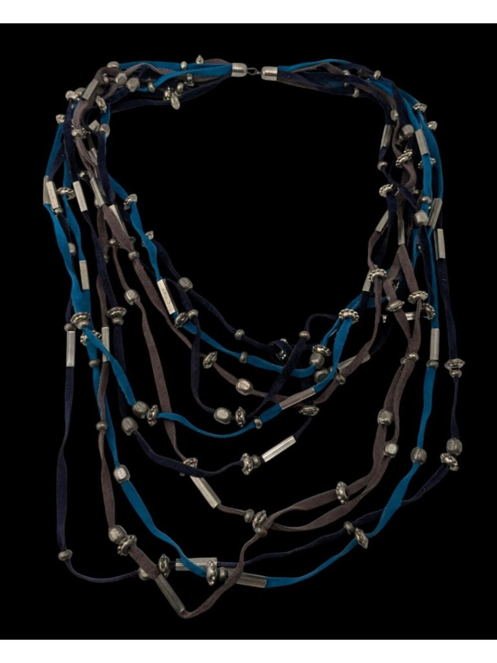 Faux Suede Layered Necklace Blue Brown Silver Boho Festival Jewelry